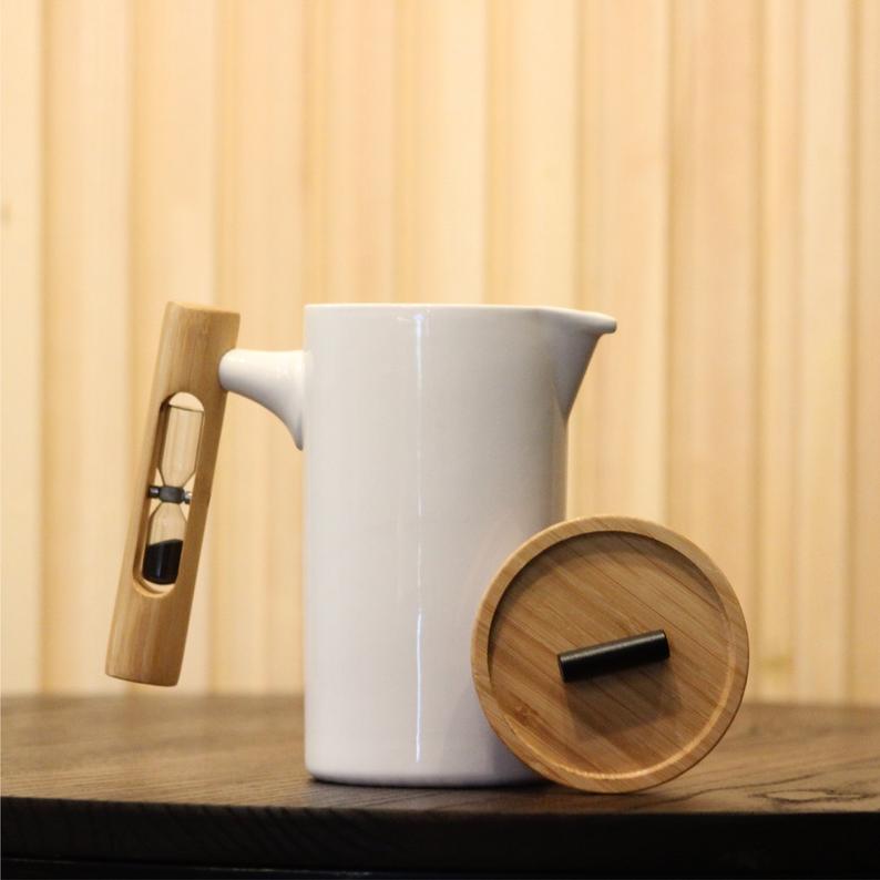 White Ceramic French Press with Hourglass